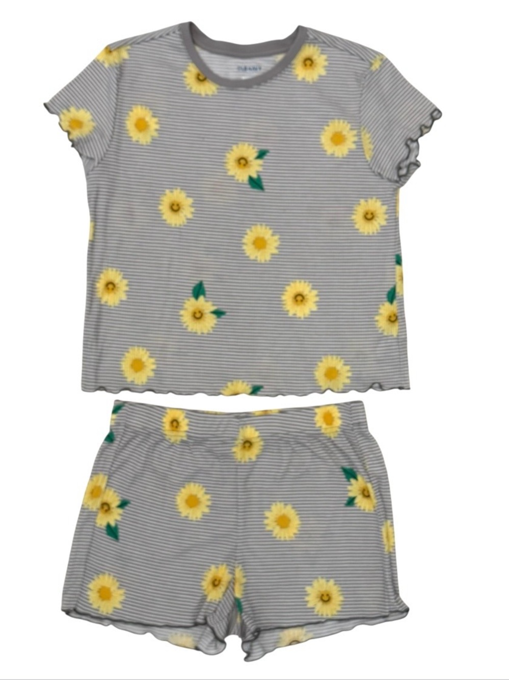 Old Navy Girls XL 14-16 Pajama Shorts Set Sunflower Stripe Rib Knit Lettuce Edge